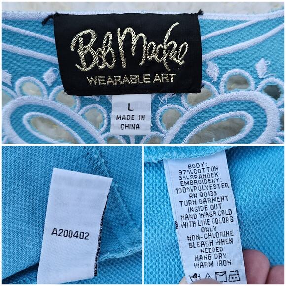 Blue Embroidered Blazer Bob Mackie L Stretch Jacket White Paisley Scallop Edge - Picture 5 of 10